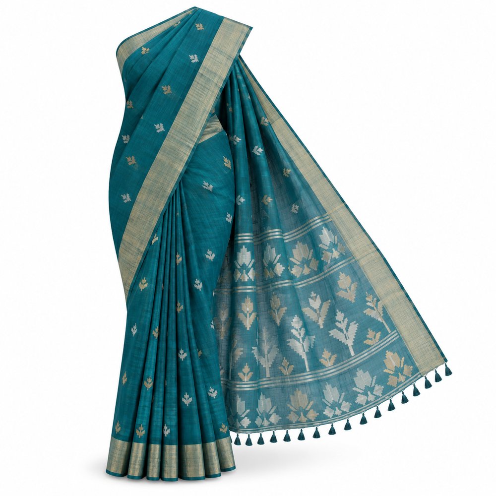 Urbanthread Jamdani-Inspired Cotton Silk Saree - Teal