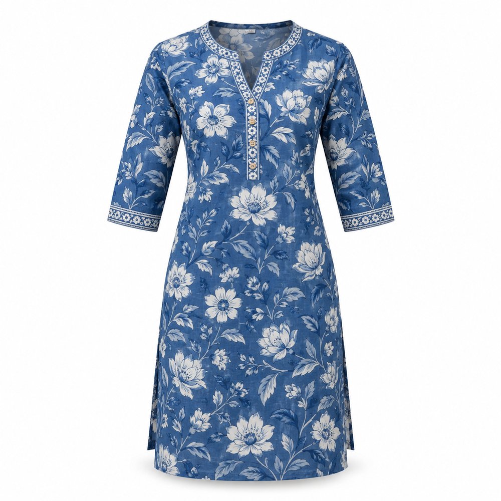 Urbanthread Printed Cotton Kurti - Floral Blue