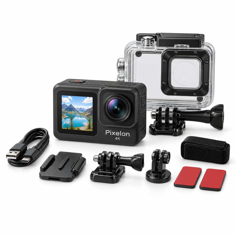 Pixelon Action 4K Camera with Dual Screen and Waterproof Case