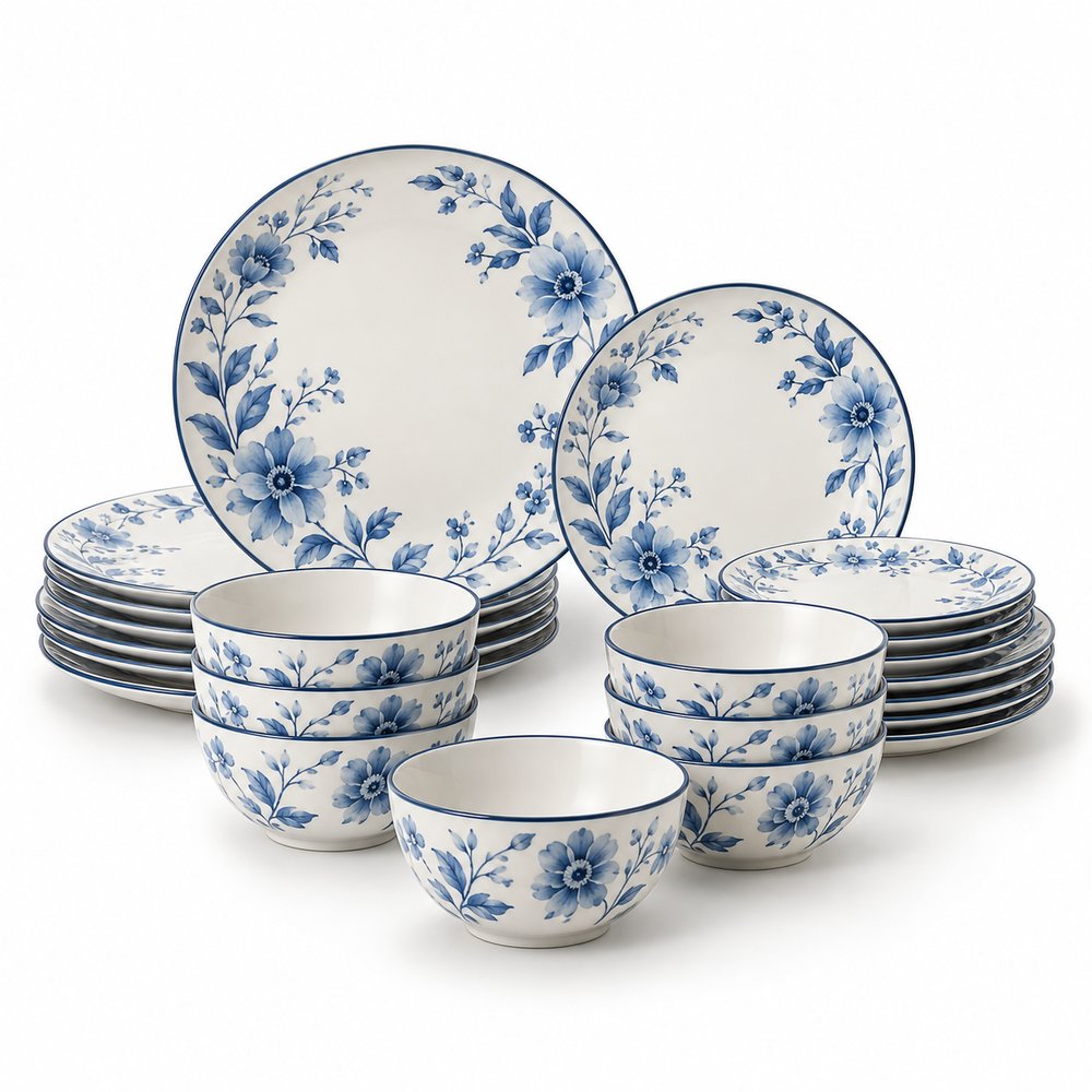 Homeva 24-Piece Ceramic Dinner Set - Floral Blue