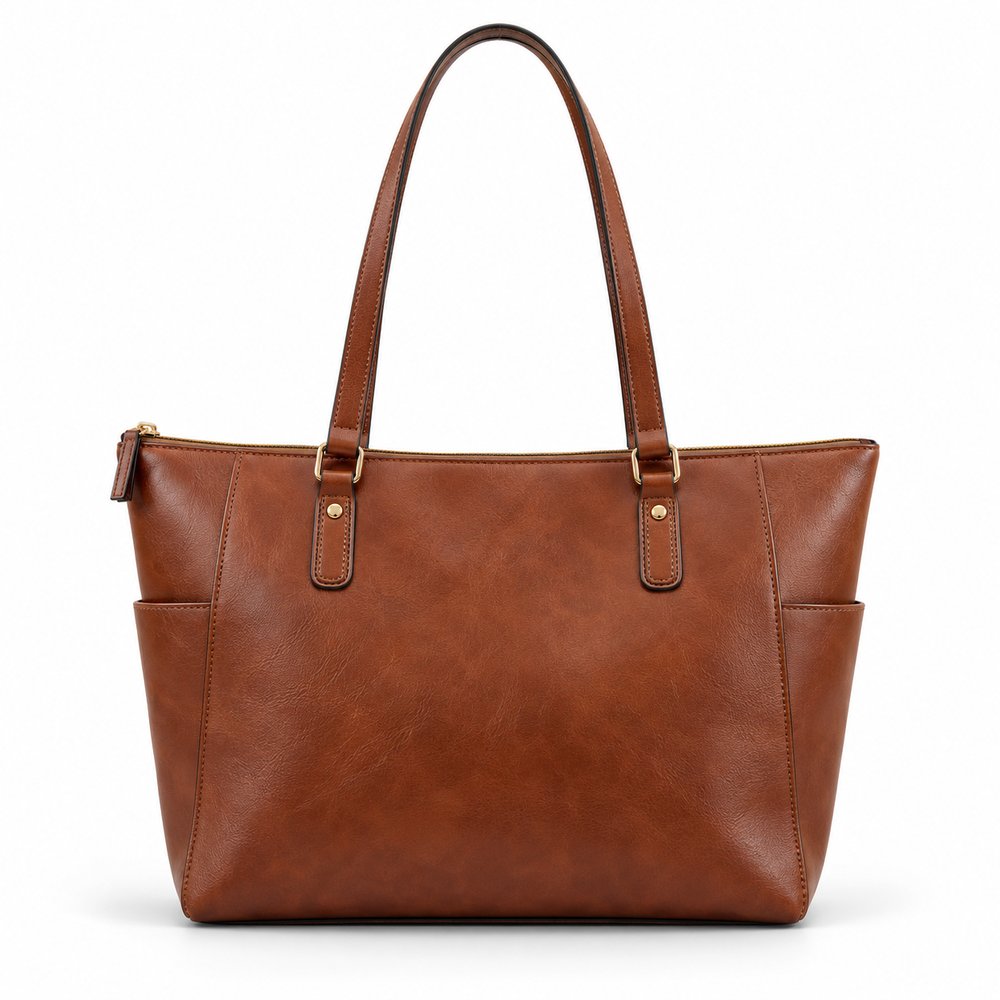Urbanthread Faux Leather Tote Bag with Zip Closure - Tan